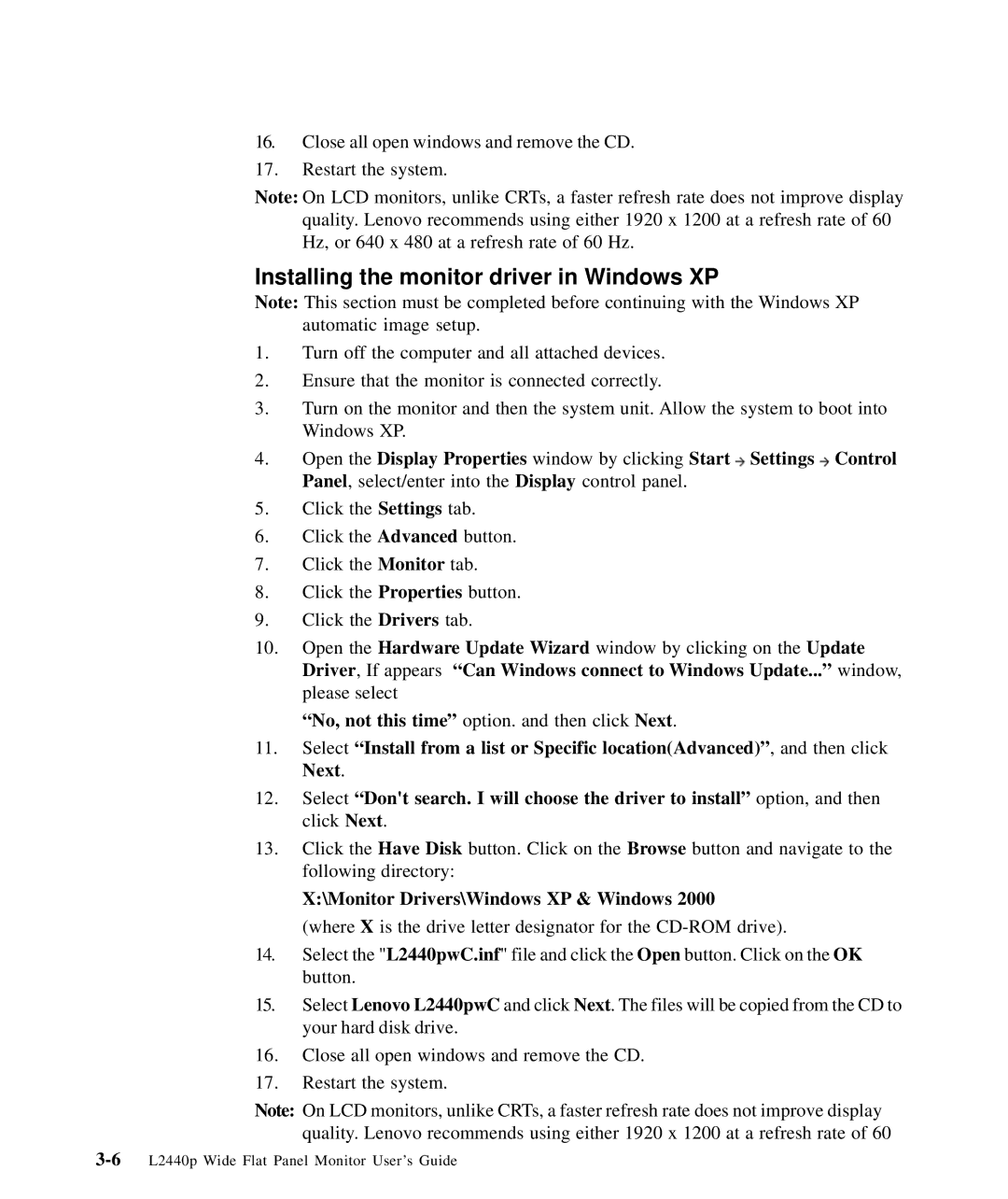 Lenovo L2440p, 4420HB2 manual Installing the monitor driver in Windows XP, Monitor Drivers\Windows XP & Windows 