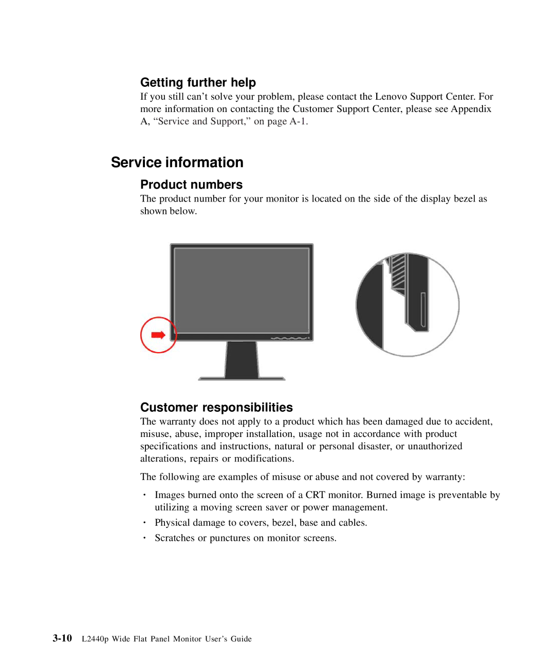 Lenovo L2440p, 4420HB2 manual Service information, Getting further help, Product numbers, Customer responsibilities 