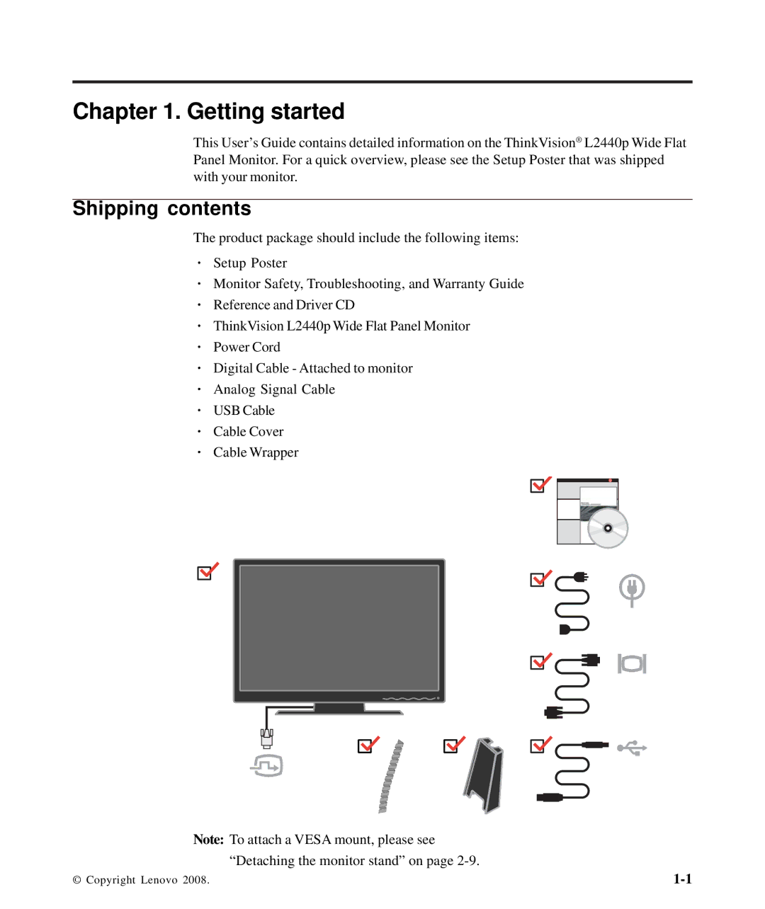 Lenovo 4420HB2, L2440p manual Getting started, Shipping contents 