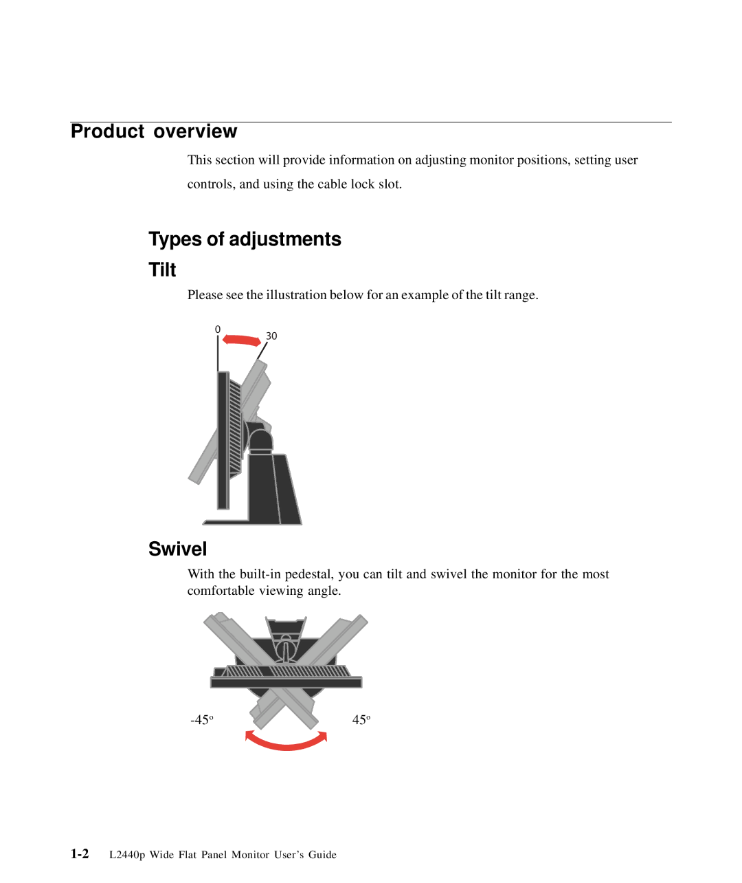 Lenovo L2440p, 4420HB2 manual Product overview, Types of adjustments Tilt, Swivel 