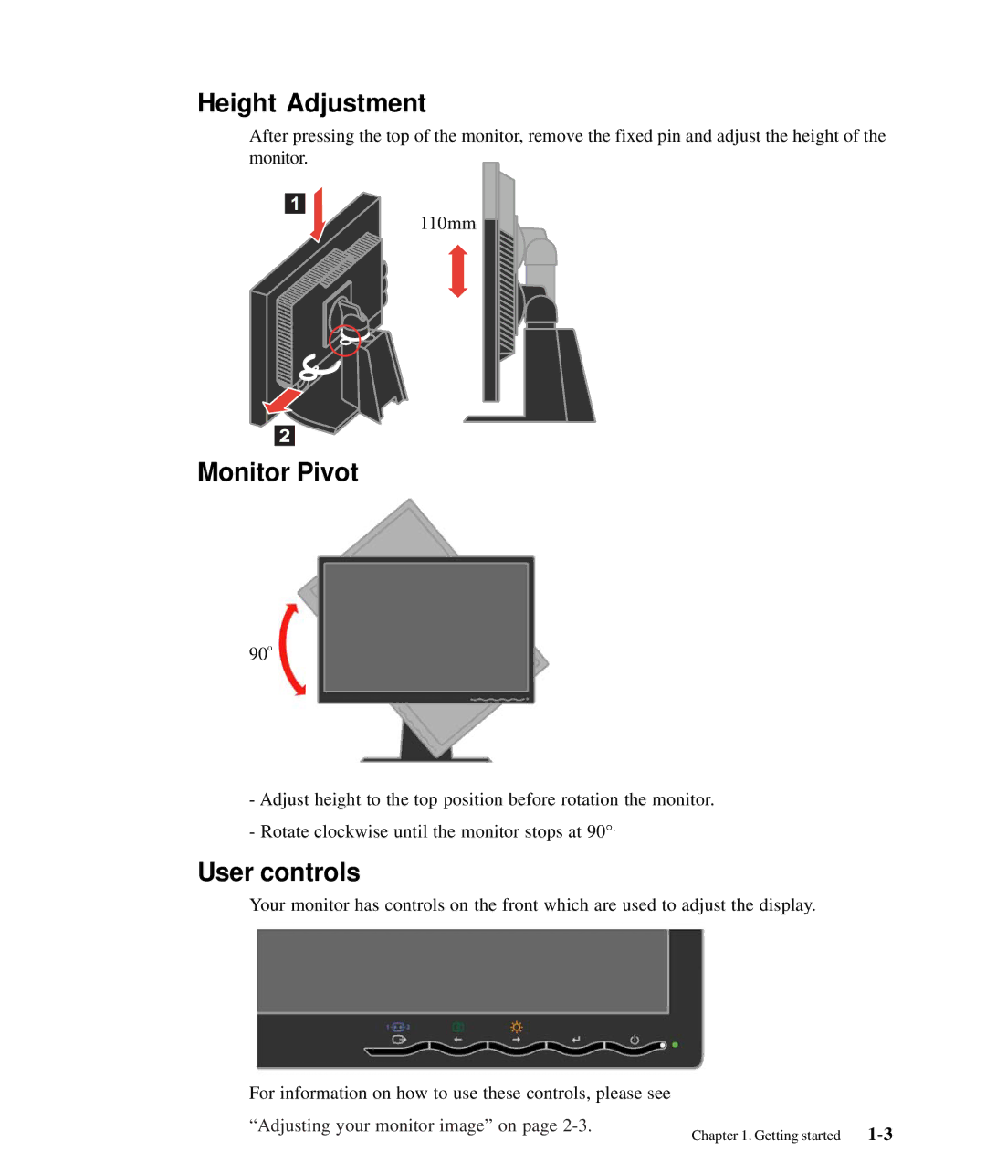 Lenovo 4420HB2, L2440p manual Height Adjustment, Monitor Pivot, User controls 