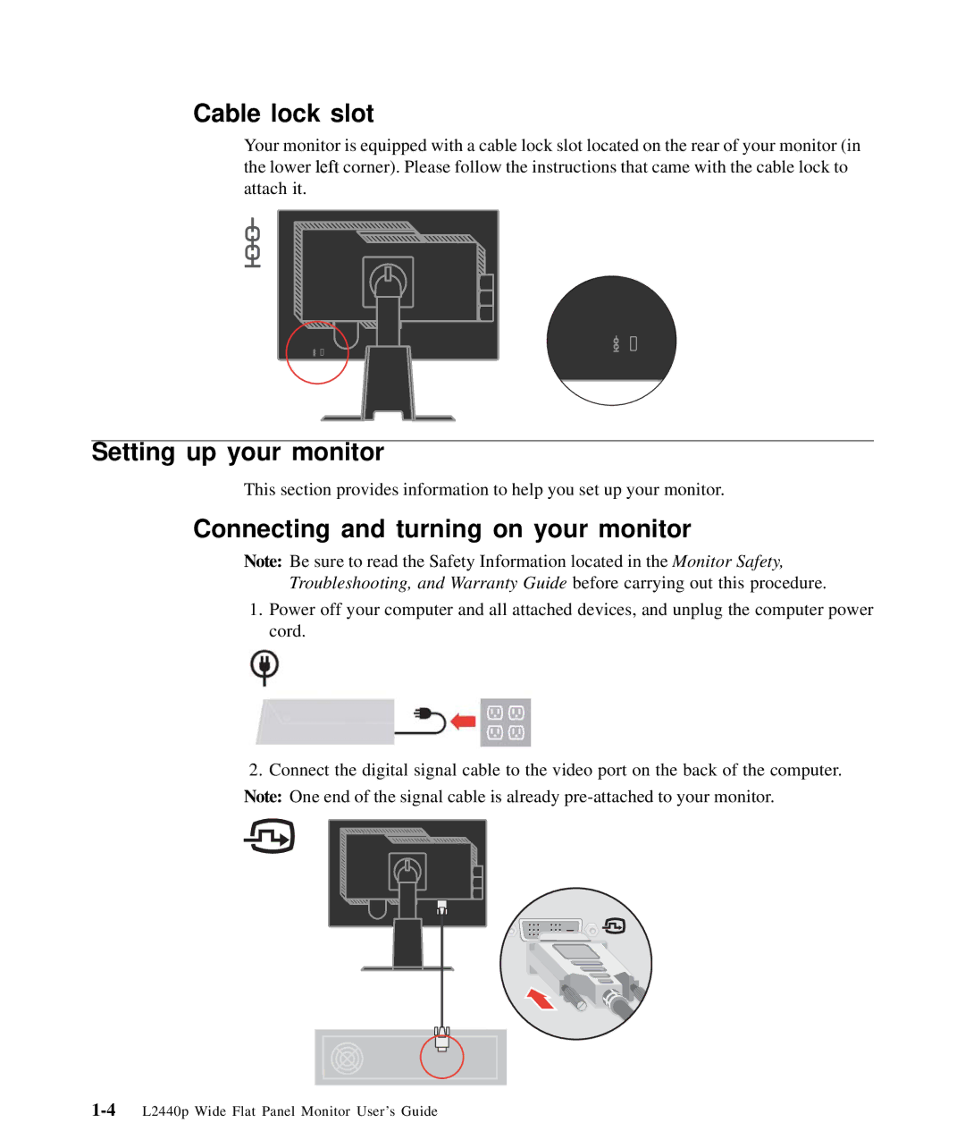 Lenovo L2440p, 4420HB2 manual Cable lock slot, Setting up your monitor, Connecting and turning on your monitor 