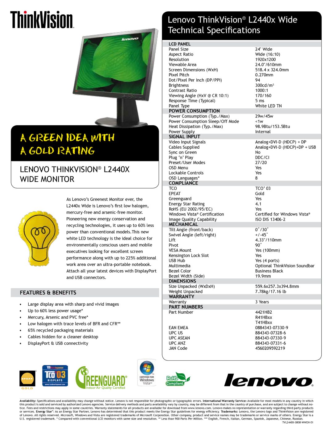 Lenovo warranty Green Idea with Gold Rating, Lenovo ThinkVision L2440x Wide Technical Specifications 