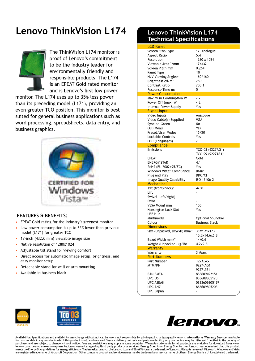 Lenovo L2440x warranty Lenovo ThinkVision L174 Technical Specifications 