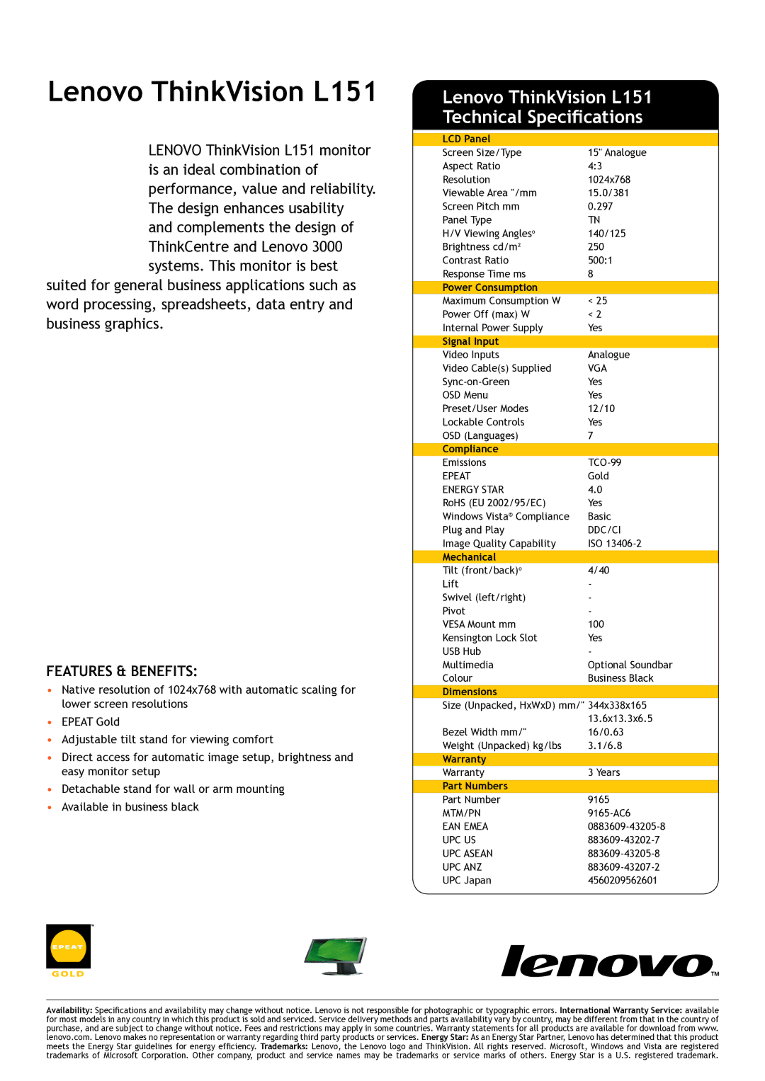 Lenovo L2440x warranty Lenovo ThinkVision L151 Technical Specifications 