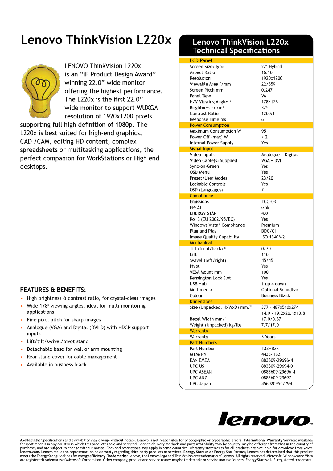 Lenovo L2440x warranty Lenovo ThinkVision L220x Technical Specifications 