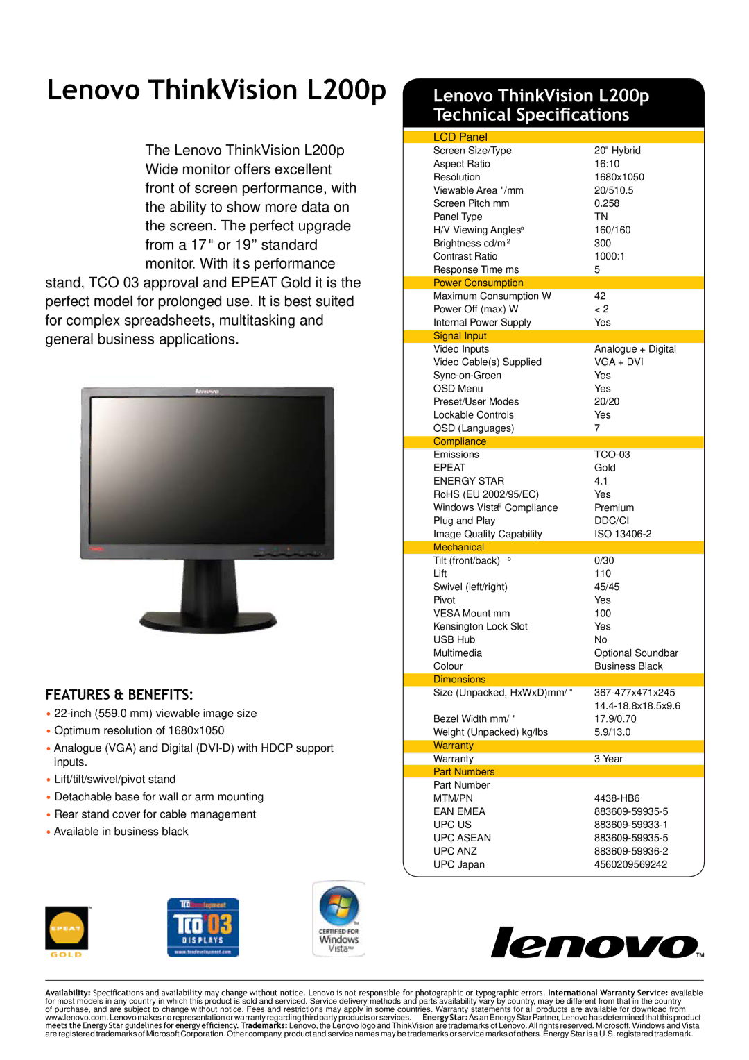 Lenovo L2440x warranty Lenovo ThinkVision L200p Technical Specifications 