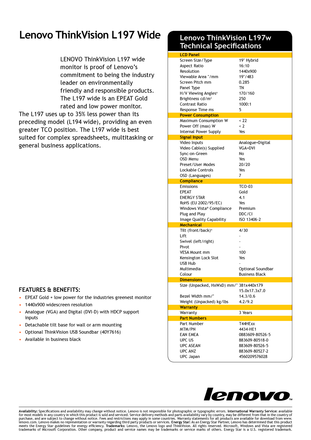 Lenovo L2440x warranty Lenovo ThinkVision L197 Wide, Lenovo ThinkVision L197w Technical Specifications 