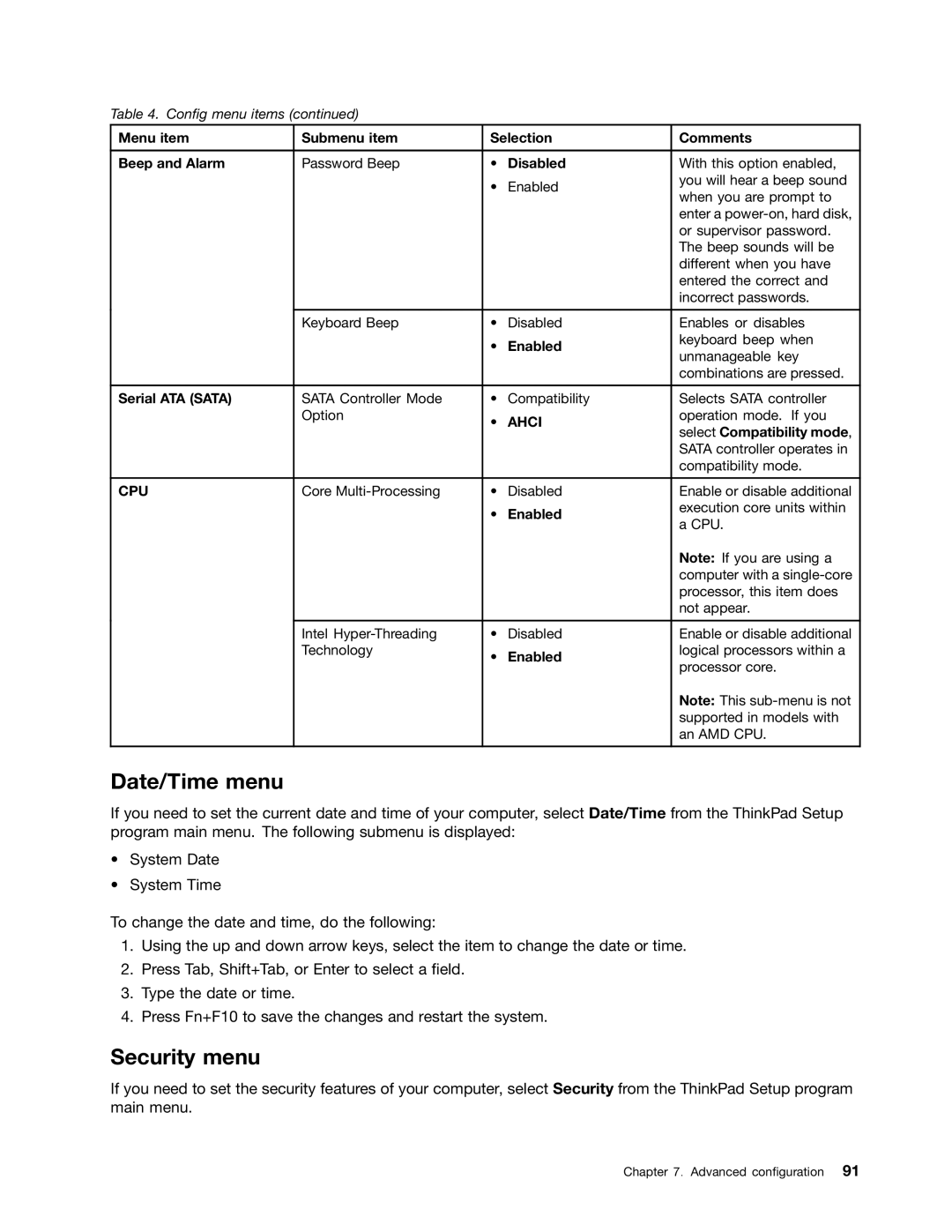 Lenovo L330 manual Date/Time menu, Security menu, Menu item Submenu item Selection Comments Beep and Alarm, Serial ATA Sata 