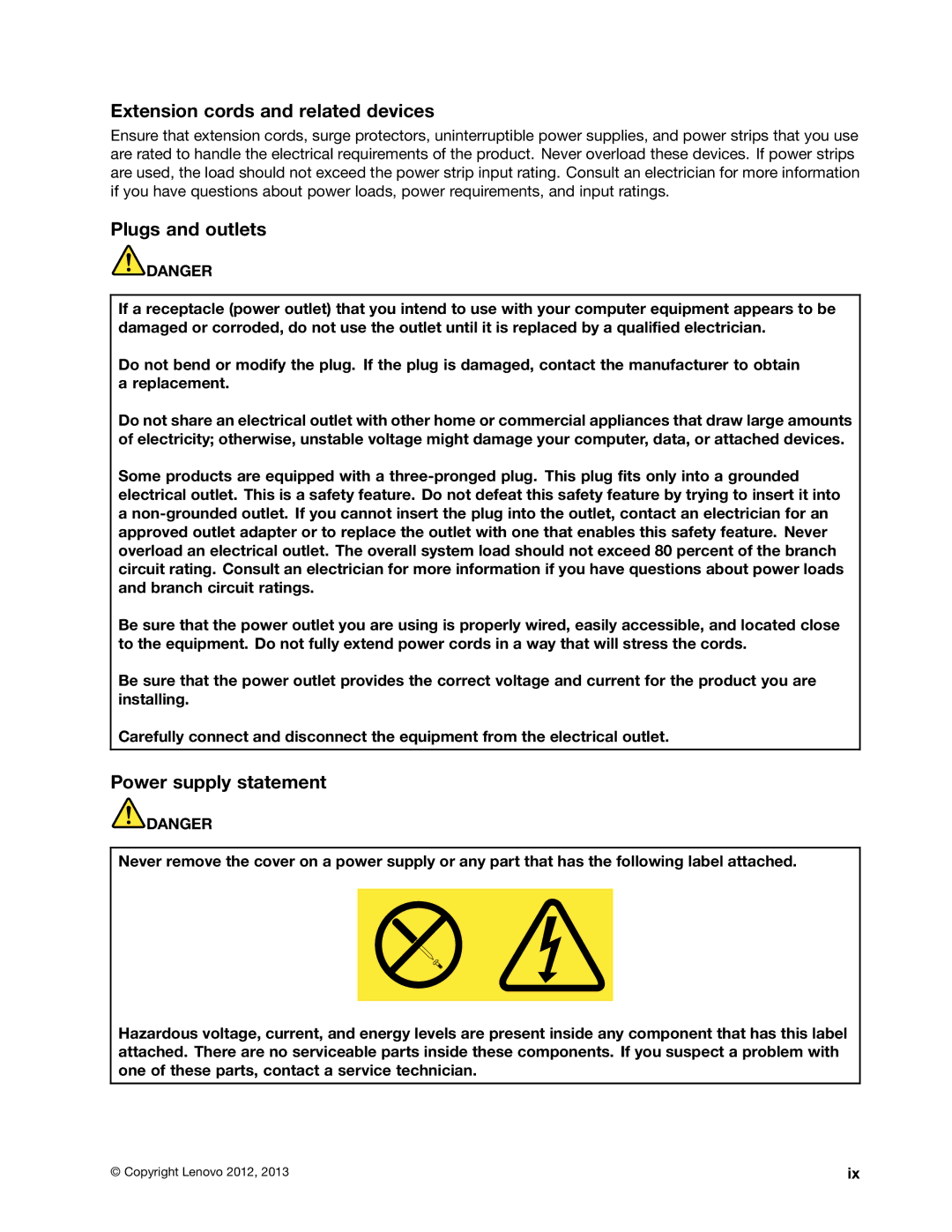 Lenovo L330 manual Extension cords and related devices, Plugs and outlets, Power supply statement 