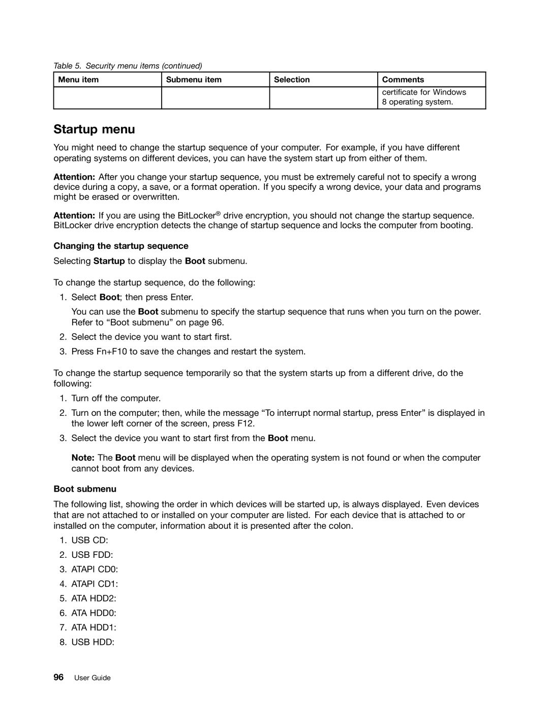 Lenovo L330 manual Startup menu, Changing the startup sequence, Boot submenu 