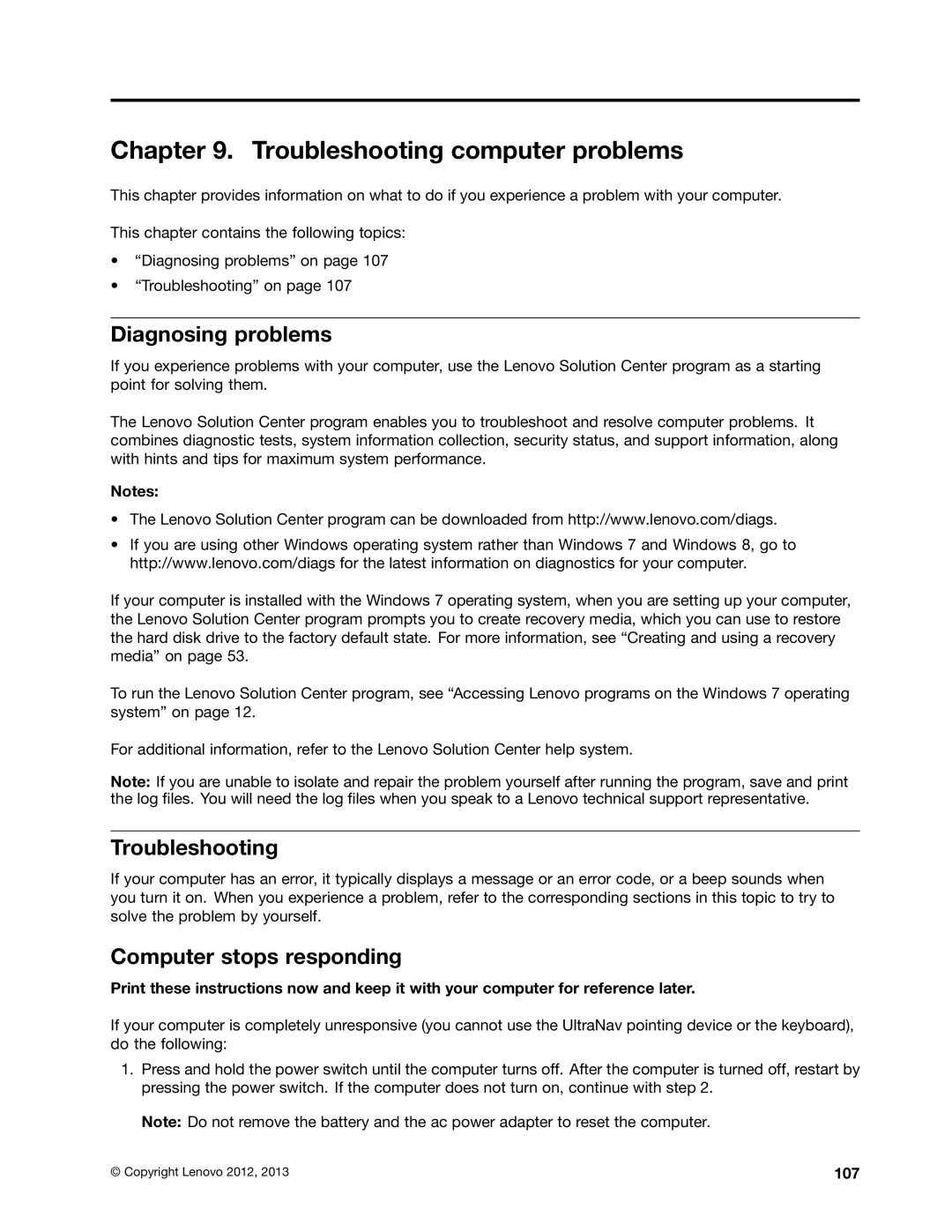 Lenovo L330 manual Troubleshooting computer problems, Diagnosing problems, Computer stops responding, 107 