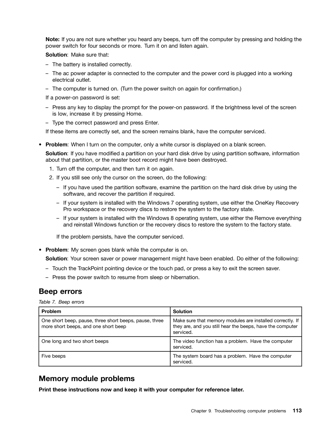 Lenovo L330 manual Beep errors, Memory module problems, Problem Solution 