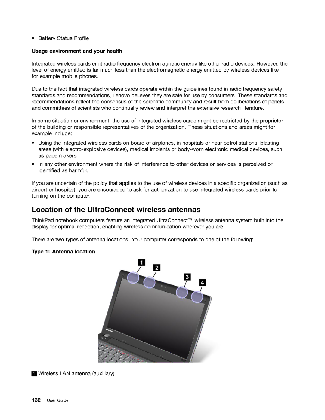 Lenovo L330 Location of the UltraConnect wireless antennas, Usage environment and your health, Type 1 Antenna location 