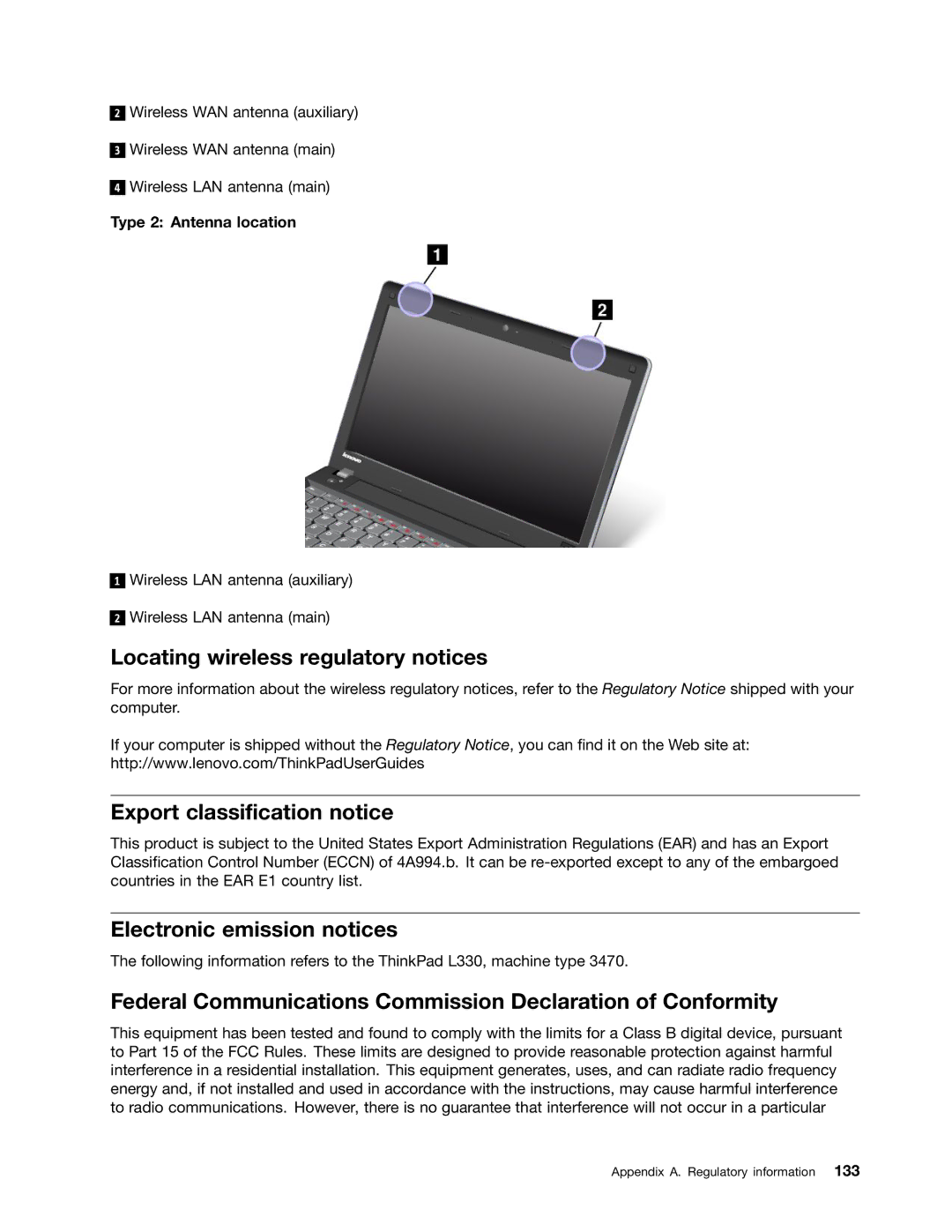 Lenovo L330 manual Locating wireless regulatory notices, Export classification notice, Electronic emission notices 