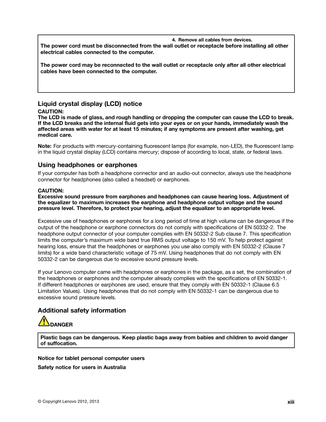 Lenovo L330 manual Liquid crystal display LCD notice, Using headphones or earphones, Additional safety information, Xiii 