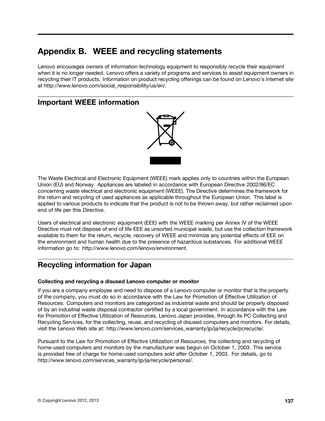 Lenovo L330 Appendix B. Weee and recycling statements, Important Weee information, Recycling information for Japan, 137 