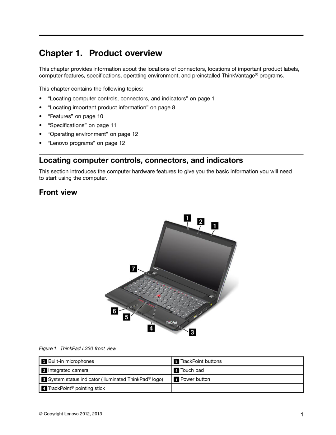 Lenovo L330 manual Product overview, Locating computer controls, connectors, and indicators, Front view 