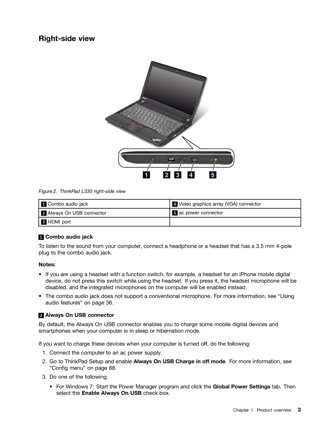 Lenovo L330 manual Right-side view, Combo audio jack, Always On USB connector 