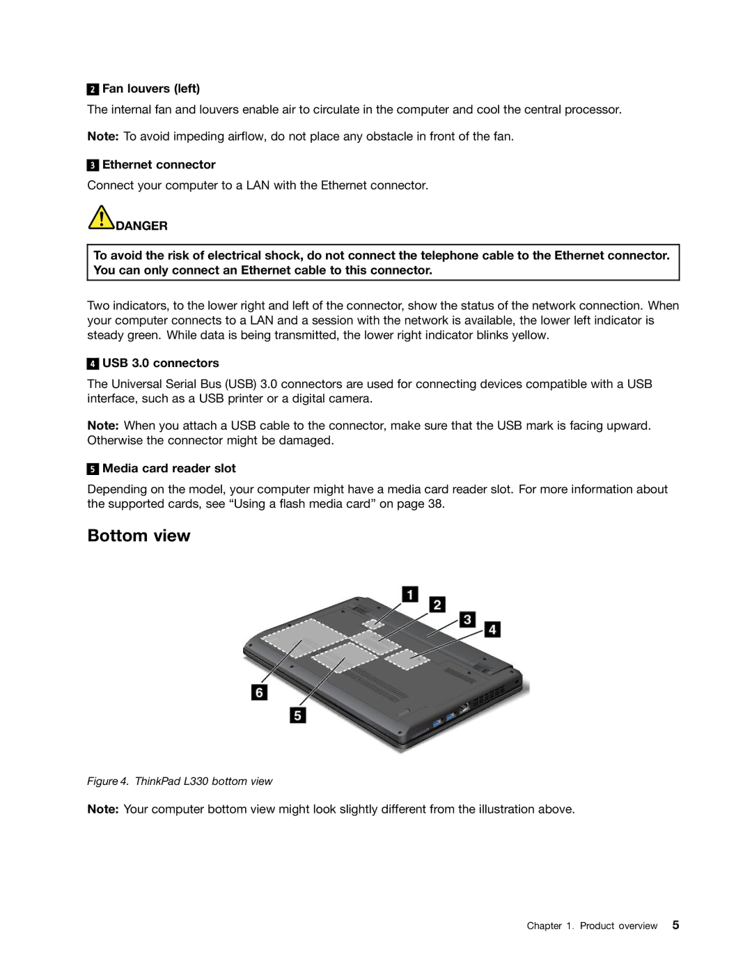 Lenovo L330 manual Bottom view, Fan louvers left, Ethernet connector, USB 3.0 connectors, Media card reader slot 