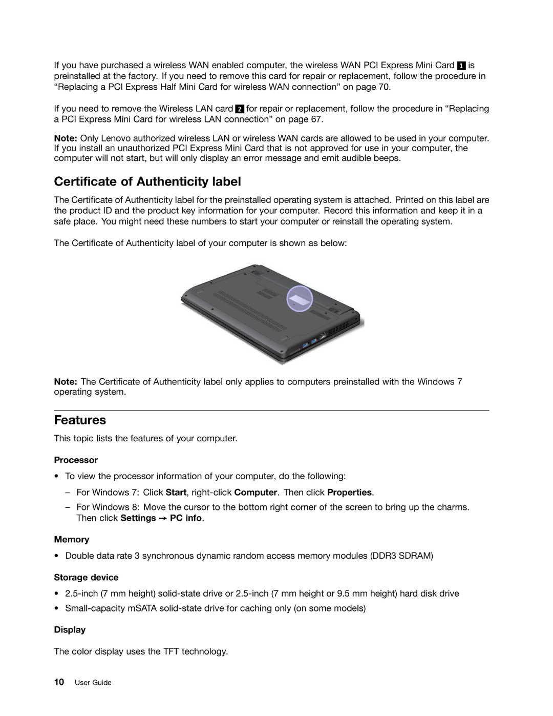 Lenovo L330 manual Certificate of Authenticity label, Features 