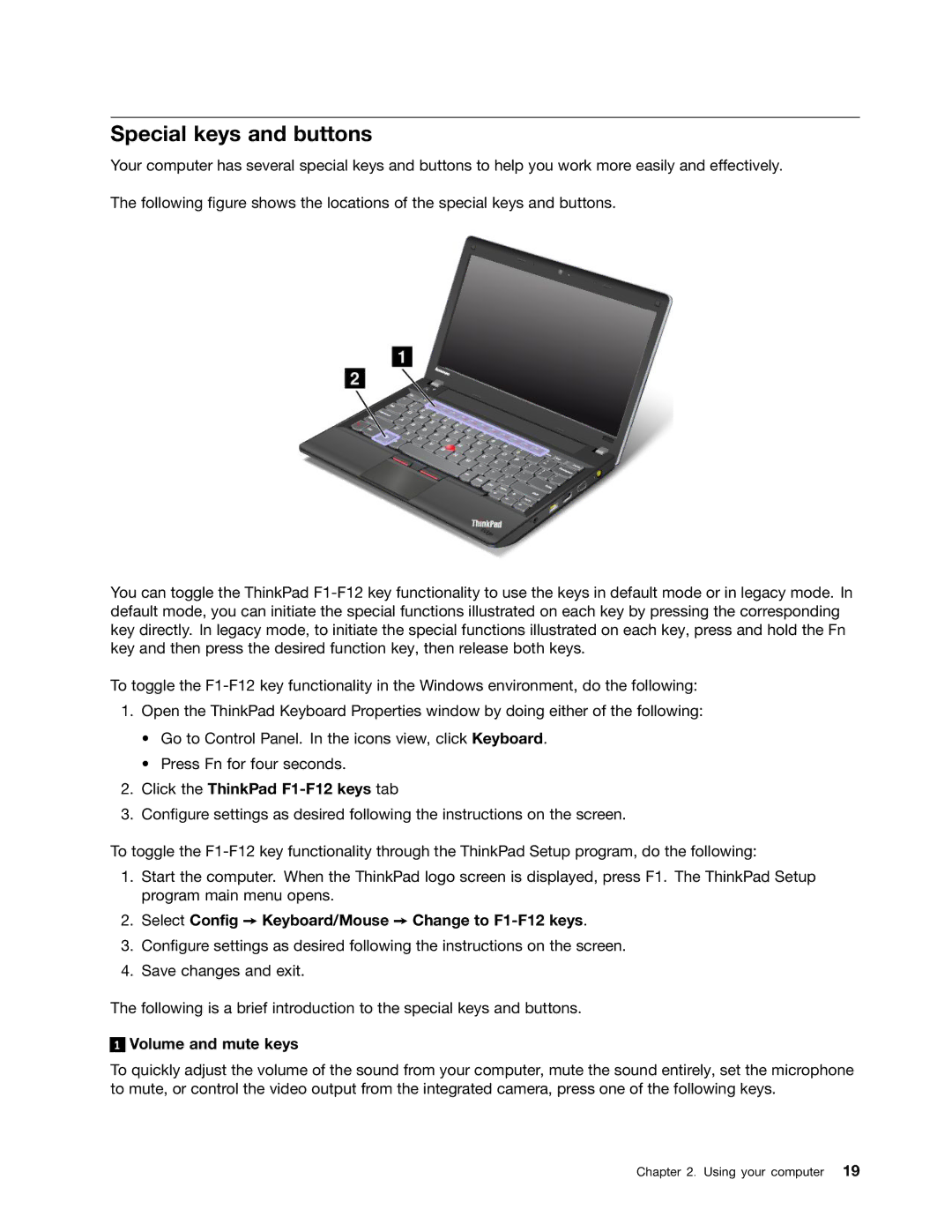 Lenovo L330 manual Special keys and buttons, Click the ThinkPad F1-F12 keys tab, Volume and mute keys 