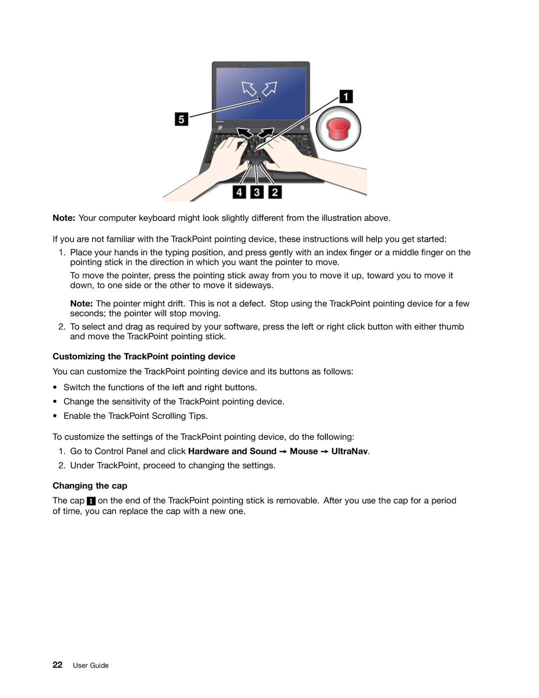 Lenovo L330 manual Customizing the TrackPoint pointing device, Changing the cap 