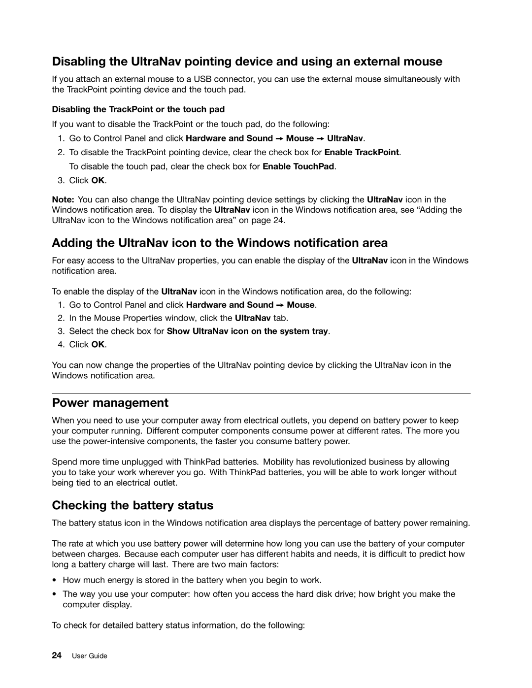 Lenovo L330 manual Adding the UltraNav icon to the Windows notification area, Power management, Checking the battery status 