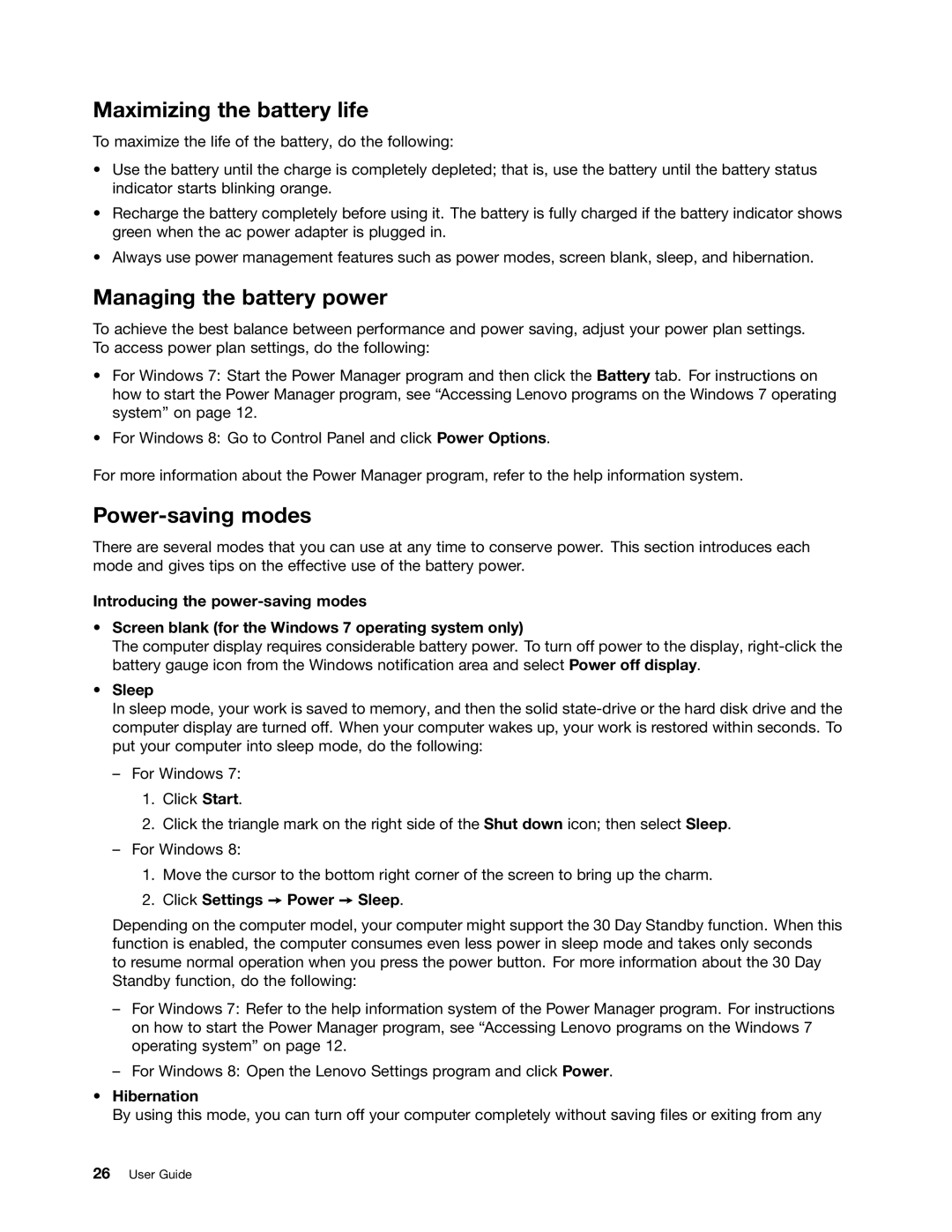 Lenovo L330 manual Maximizing the battery life, Managing the battery power, Power-saving modes 