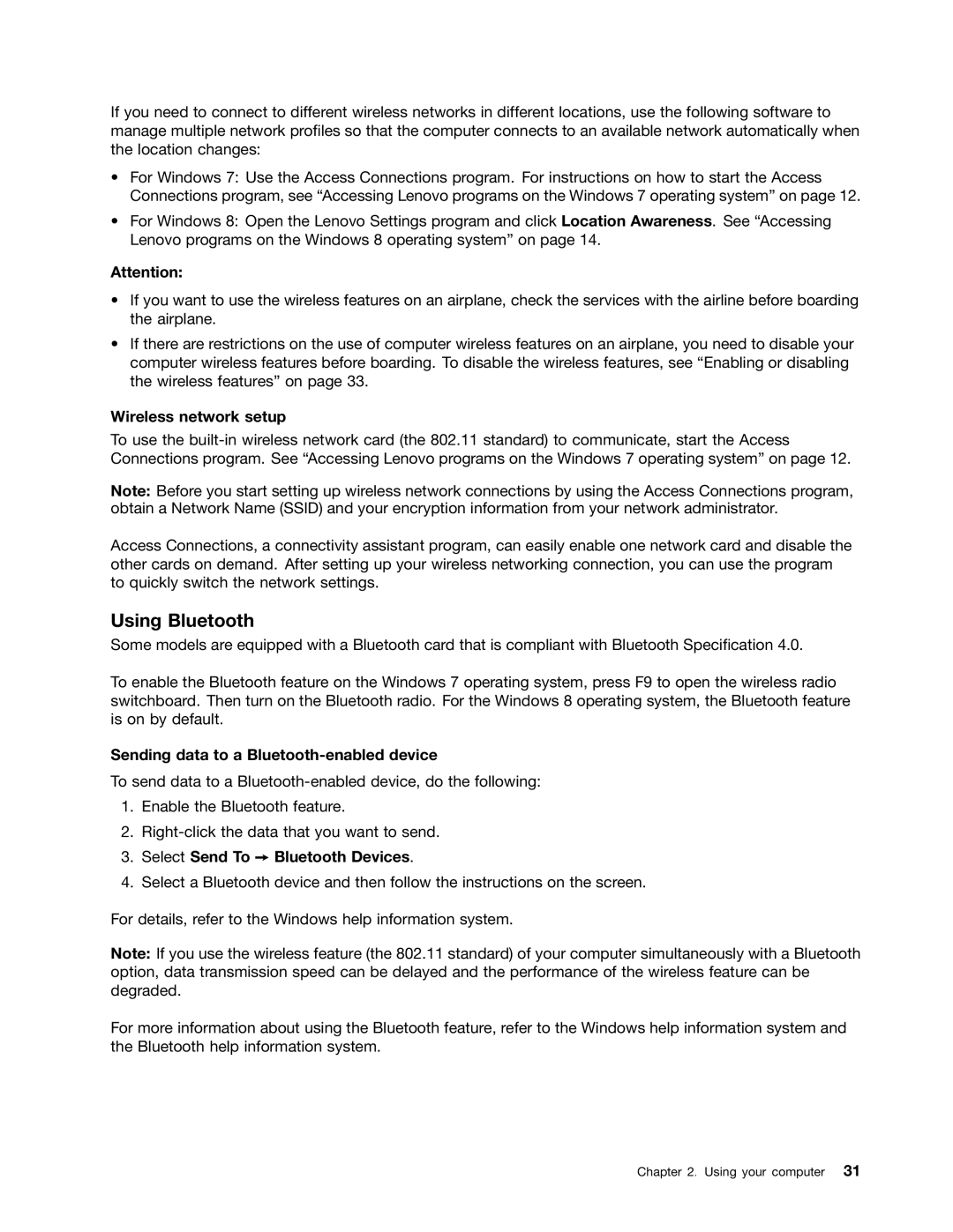 Lenovo L330 manual Using Bluetooth, Wireless network setup, Sending data to a Bluetooth-enabled device 