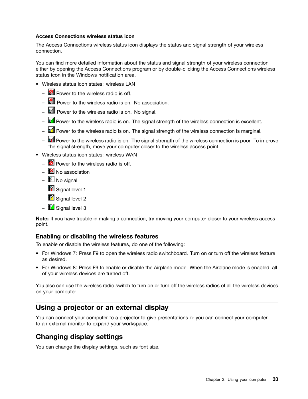 Lenovo L330 Using a projector or an external display, Changing display settings, Access Connections wireless status icon 