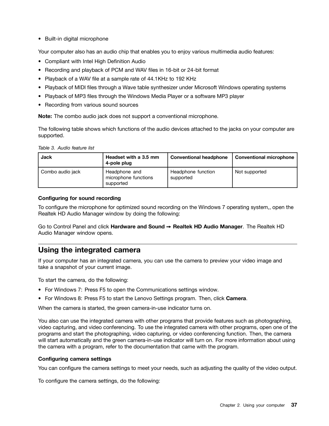 Lenovo L330 manual Using the integrated camera, Configuring for sound recording, Configuring camera settings 