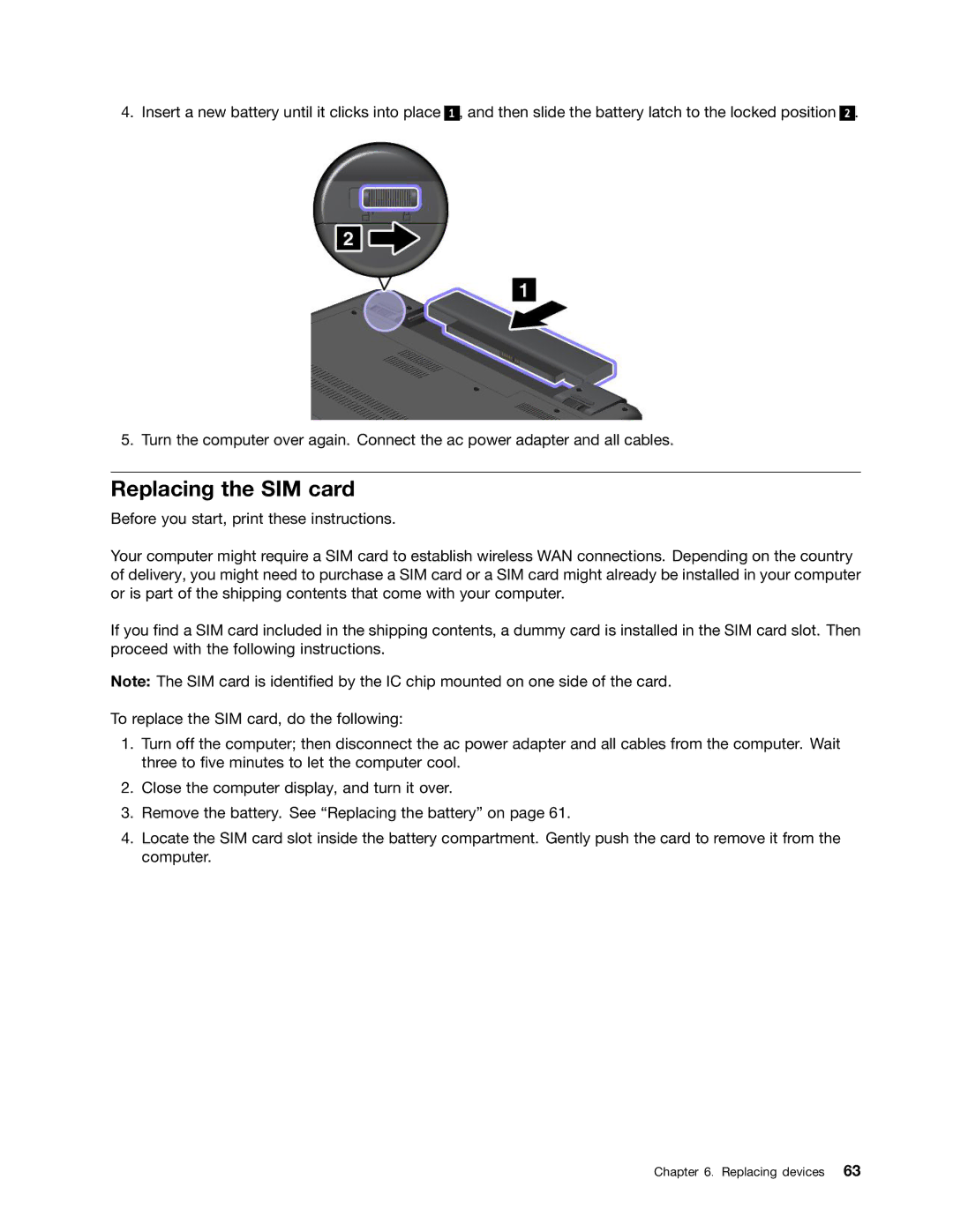 Lenovo L330 manual Replacing the SIM card 