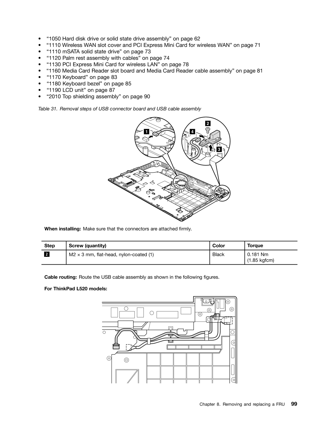 Lenovo L421, L420 manual Step Screw quantity Color Torque, For ThinkPad L520 models 