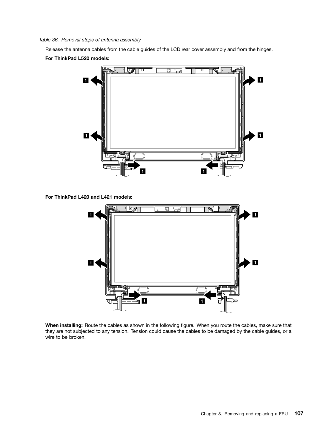 Lenovo L420, L421, L520 manual Removal steps of antenna assembly 