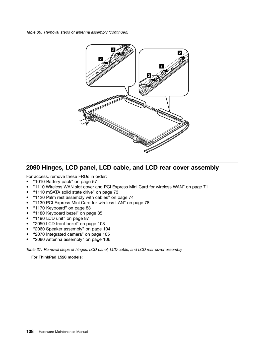 Lenovo L421, L420 manual Hinges, LCD panel, LCD cable, and LCD rear cover assembly, For ThinkPad L520 models 