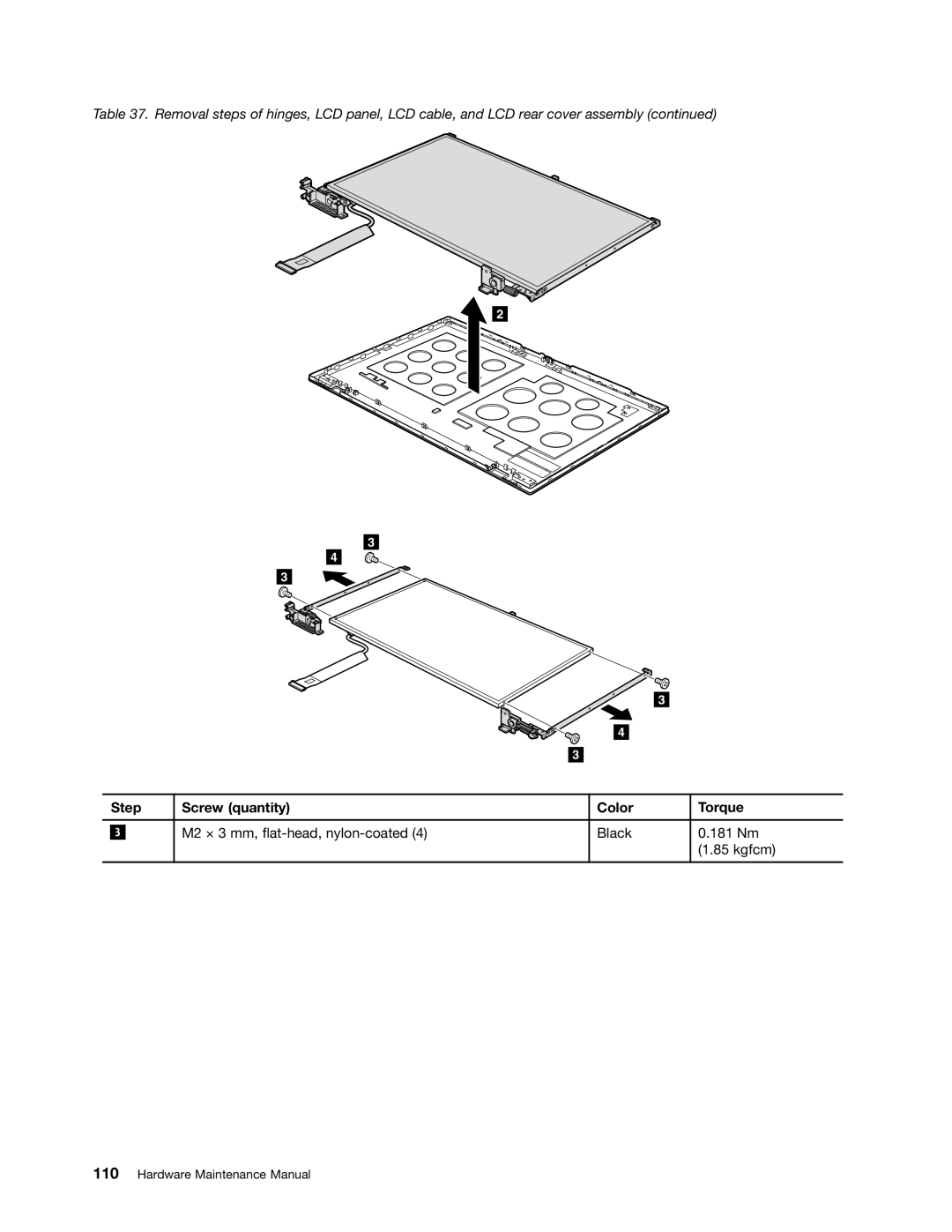 Lenovo L420, L421, L520 manual M2 × 3 mm, flat-head, nylon-coated Black 181 Nm Kgfcm 