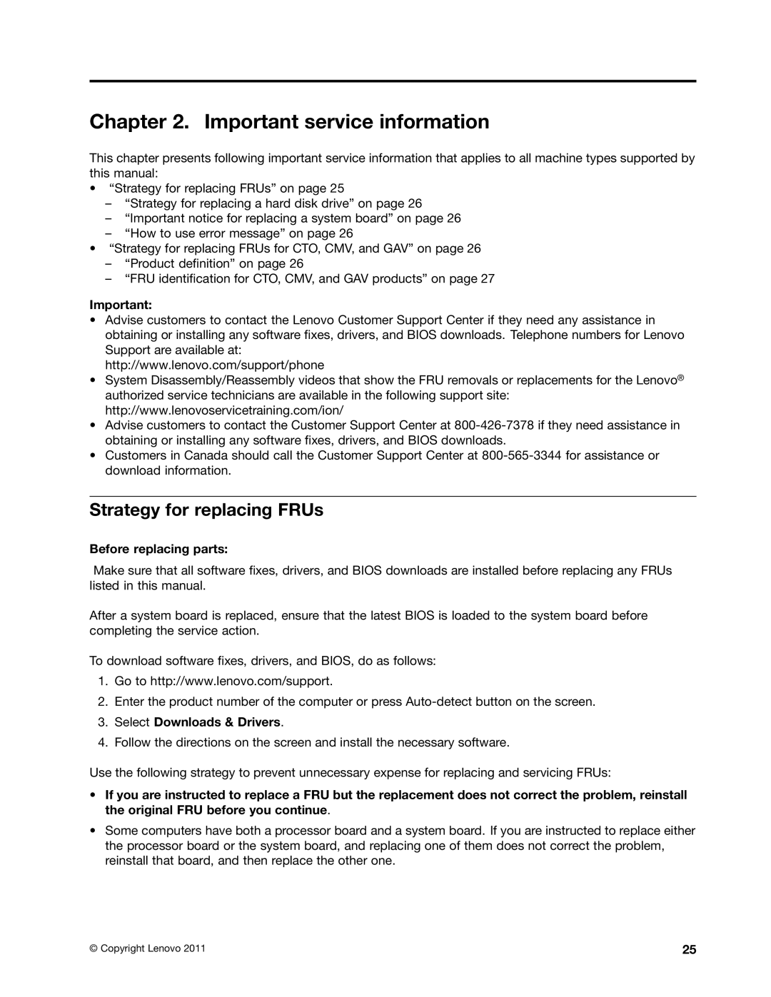 Lenovo L520, L421, L420 manual Important service information, Strategy for replacing FRUs 