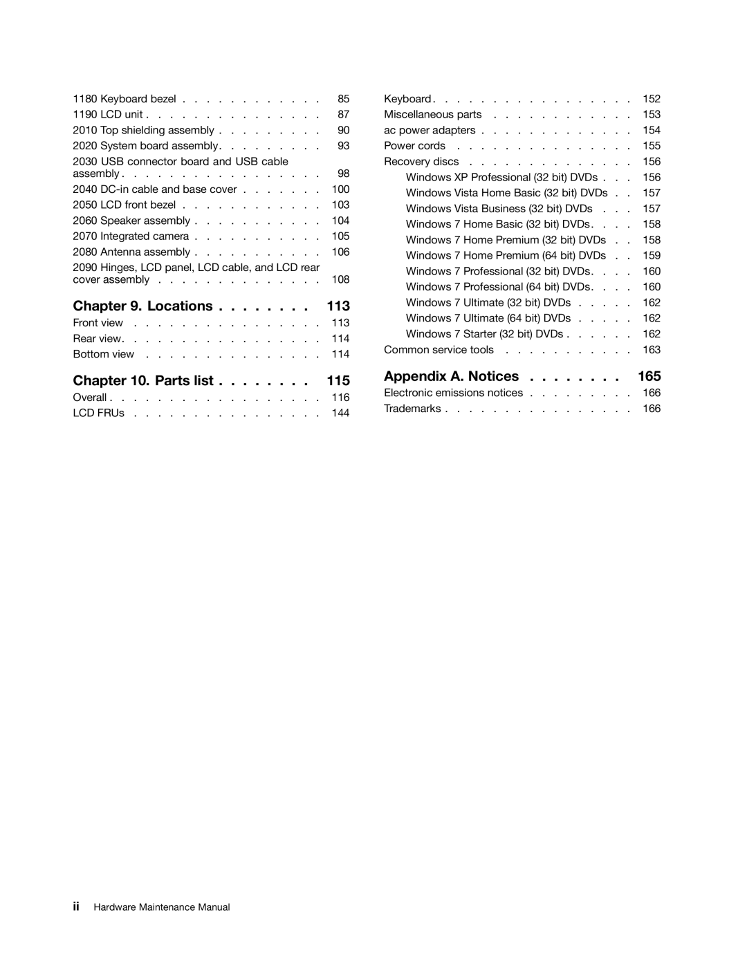 Lenovo L520, L421, L420 manual Locations 113 