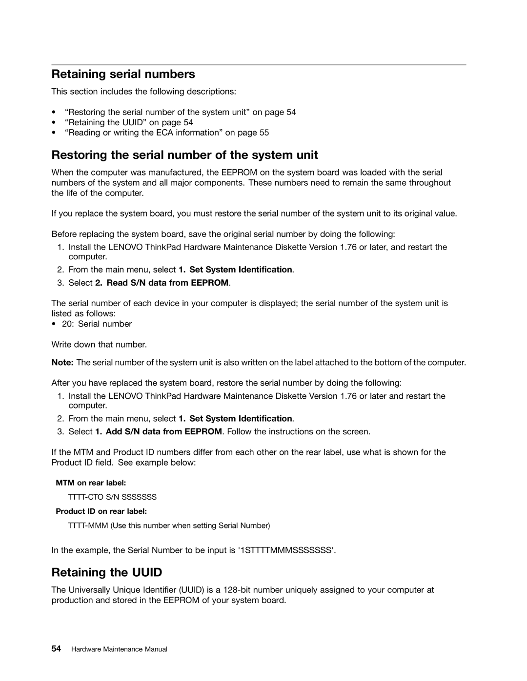 Lenovo L421, L520, L420 manual Retaining serial numbers, Restoring the serial number of the system unit, Retaining the Uuid 
