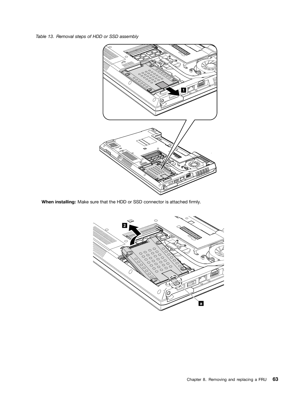 Lenovo L421, L520, L420 manual Removal steps of HDD or SSD assembly 