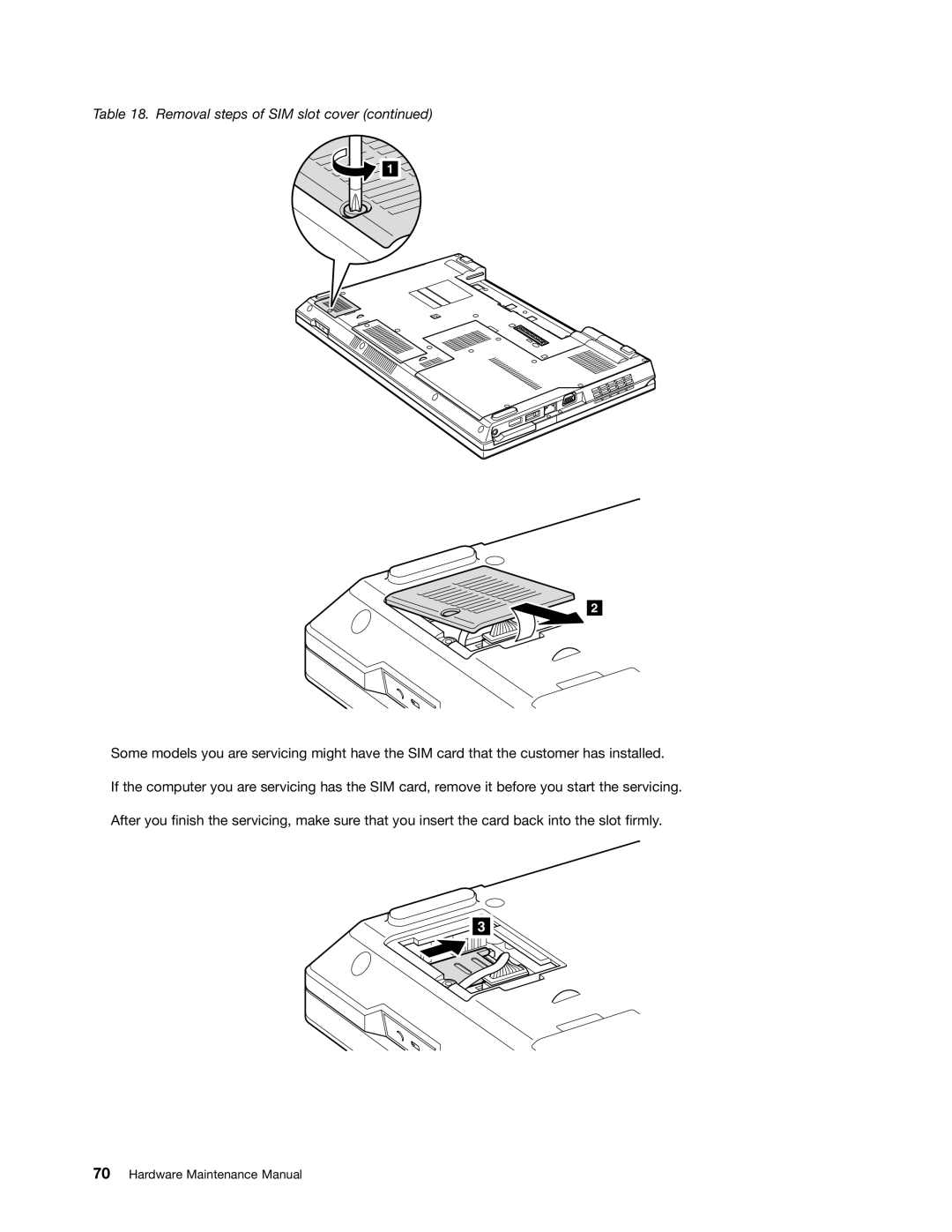 Lenovo L520, L421, L420 manual Removal steps of SIM slot cover 