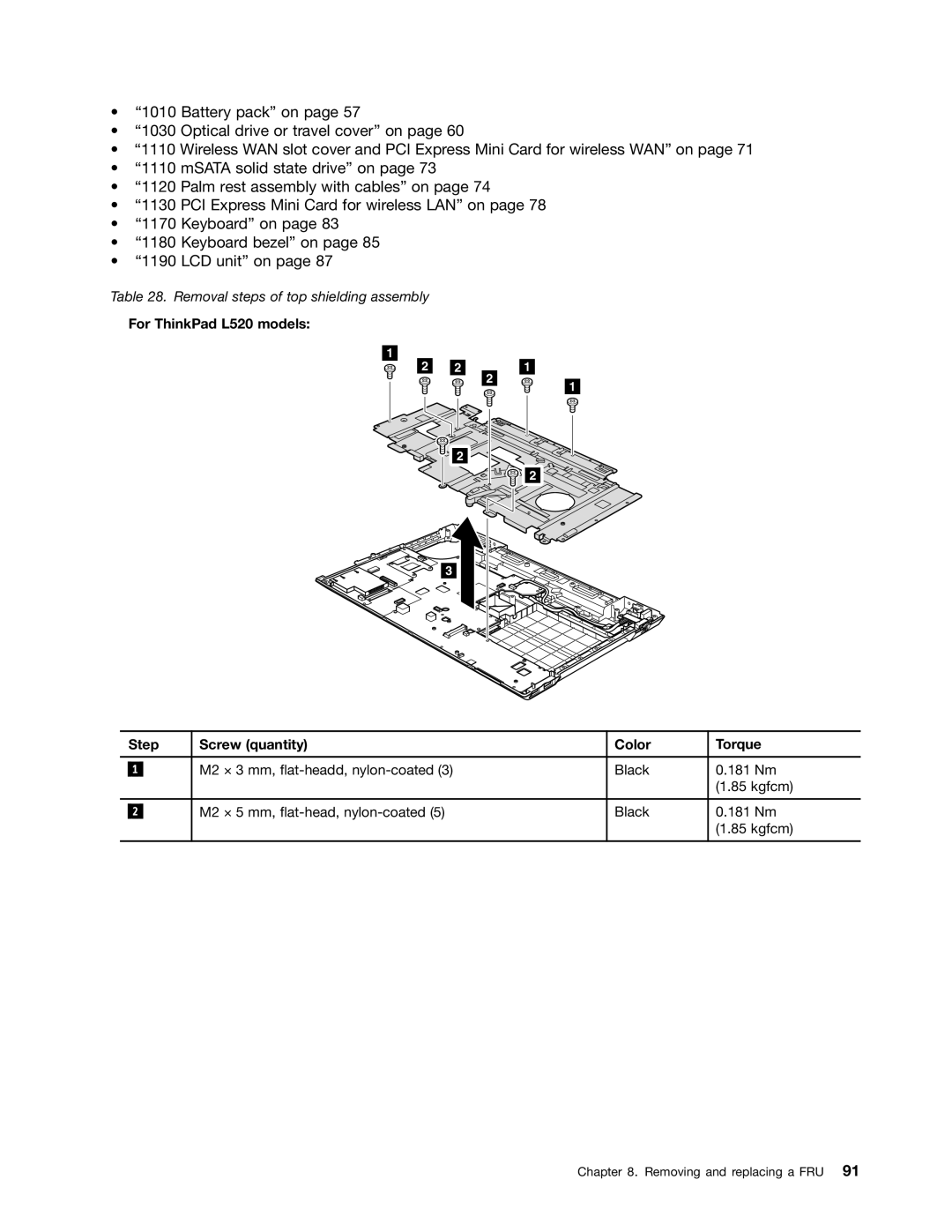 Lenovo L421, L420 manual For ThinkPad L520 models Step Screw quantity Color Torque 