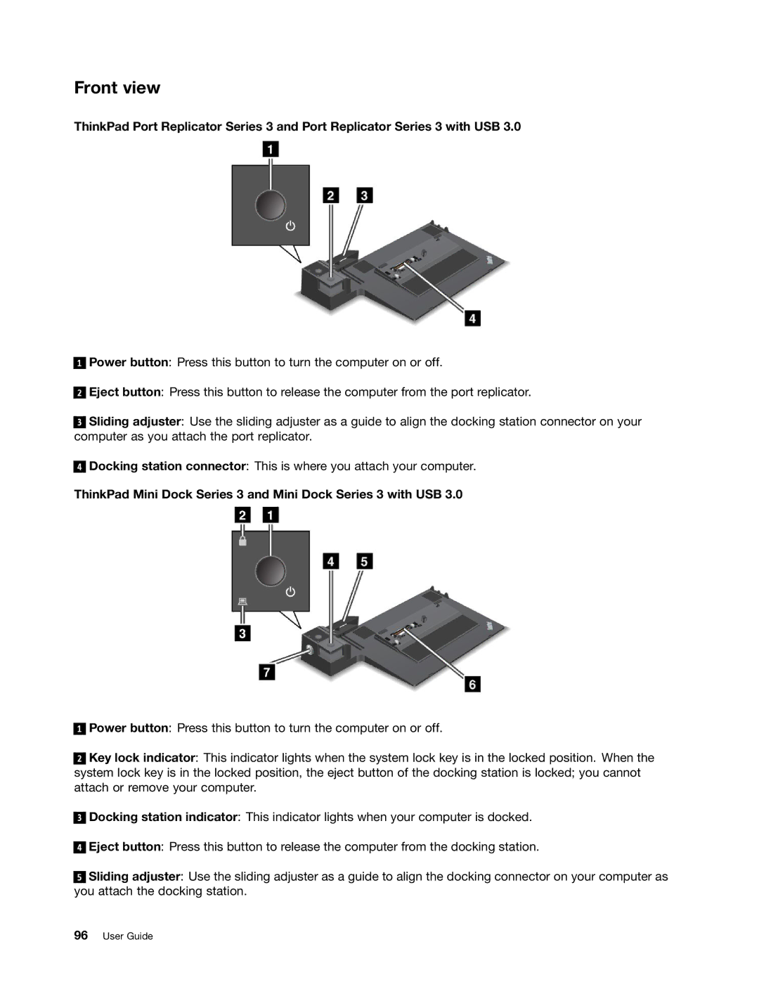 Lenovo L530, L430, 24684XU manual Front view, ThinkPad Mini Dock Series 3 and Mini Dock Series 3 with USB 