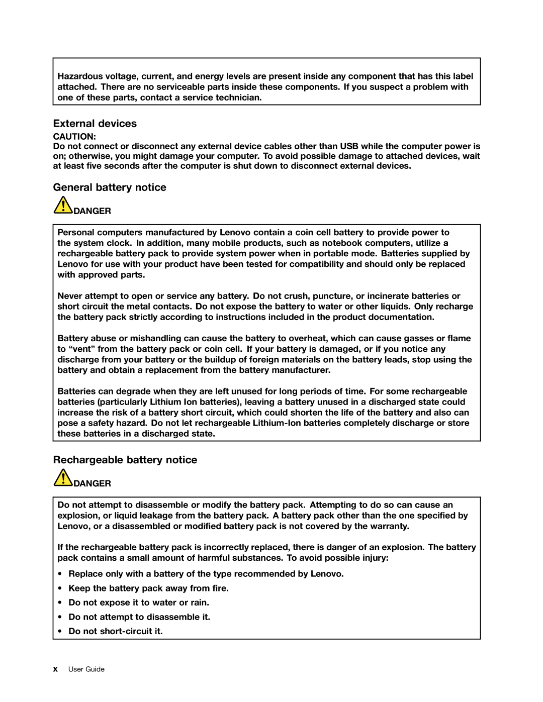 Lenovo L430, L530, 24684XU manual External devices, General battery notice, Rechargeable battery notice 