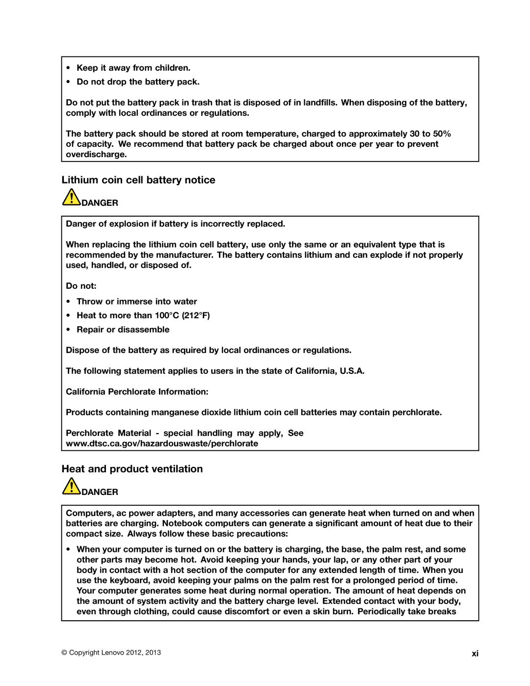 Lenovo L530, L430, 24684XU manual Lithium coin cell battery notice, Heat and product ventilation 