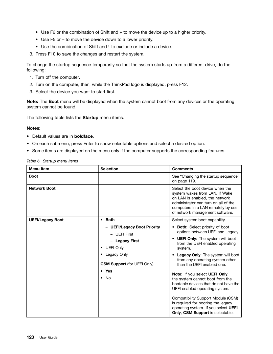 Lenovo L530, L430, 24684XU manual Menu item Selection Comments Boot 