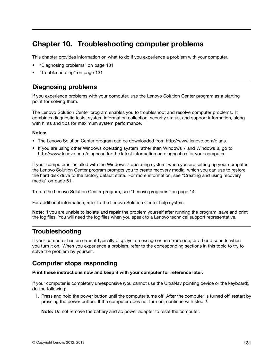 Lenovo L430, L530, 24684XU manual Troubleshooting computer problems, Diagnosing problems, Computer stops responding, 131 