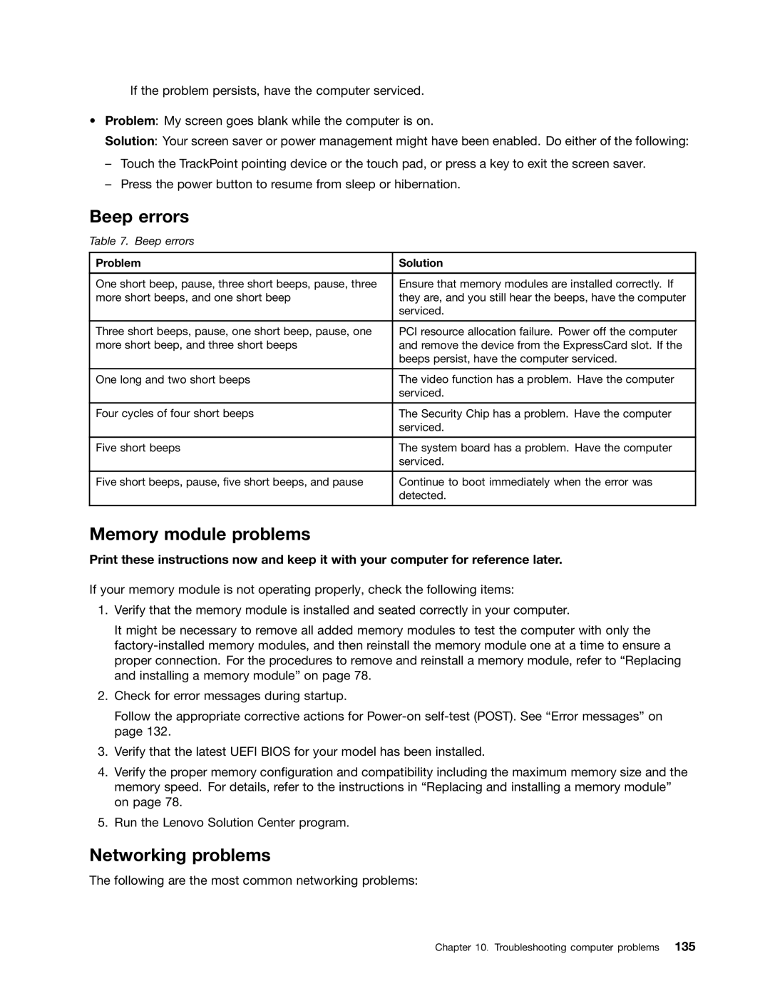 Lenovo L530, L430, 24684XU manual Beep errors, Memory module problems, Networking problems 