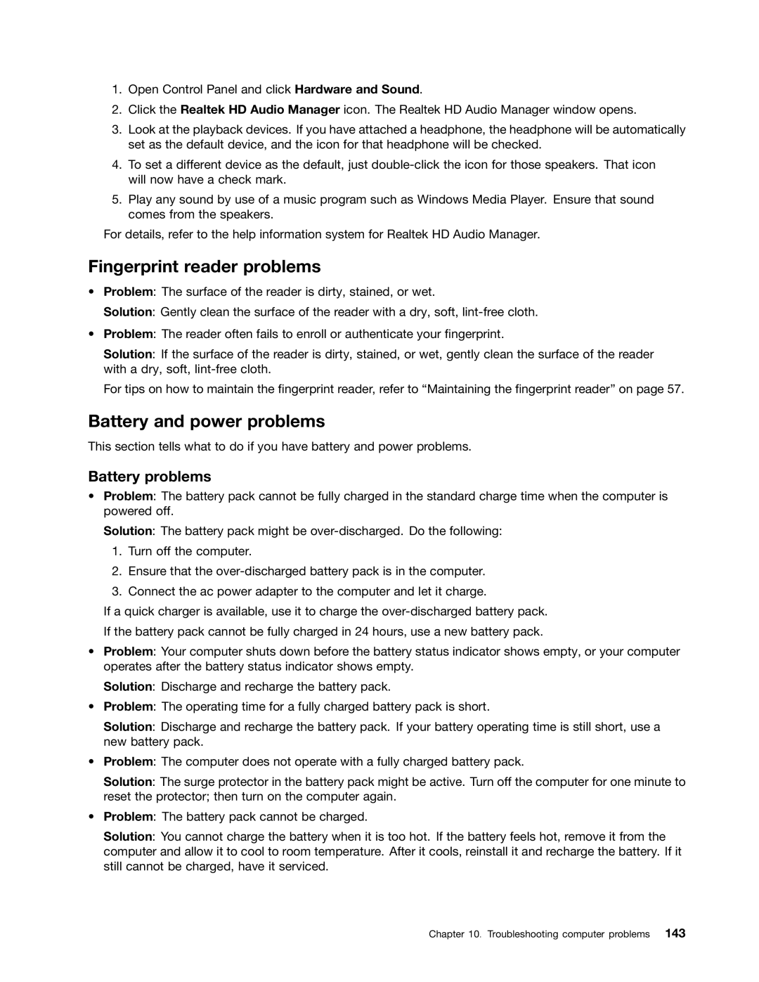 Lenovo L430, L530, 24684XU manual Fingerprint reader problems, Battery and power problems, Battery problems 